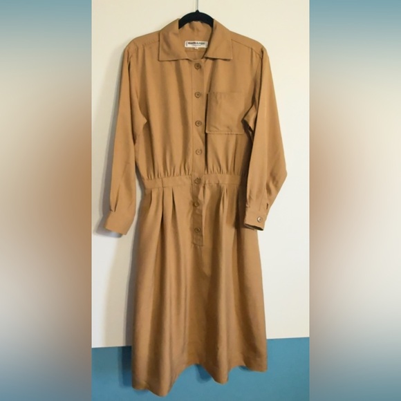 Vintage YSL Rive Gauche Tan Raw Silk Shirt Dress FR 42 US 8/10 - Picture 4 of 14